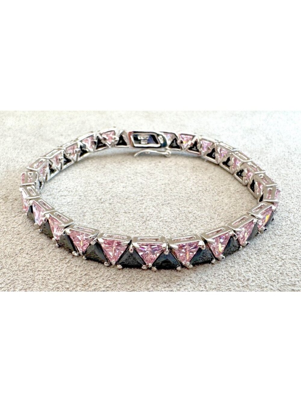 SUZANNE SOMERS Sterling Triangle CZ BRACELET Pink Black NIB Tennis 6.75"